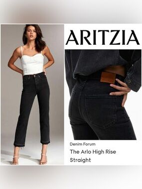 Denim Forum Size 26 The Arlo Hi-Rise Straight Jean Raw Hem - Black